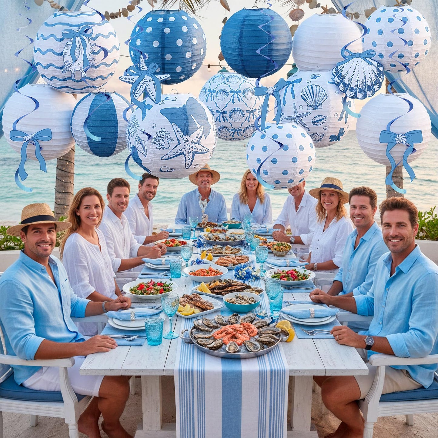 18 Pcs Summer Party Decorations Set Coastal Beach Seashell Paper Lanterns Blue Bow Starfish Hanging Swirls Ocean Nautical Pool Party Hanging Decor for Birthday Wedding Baby Shower Decor