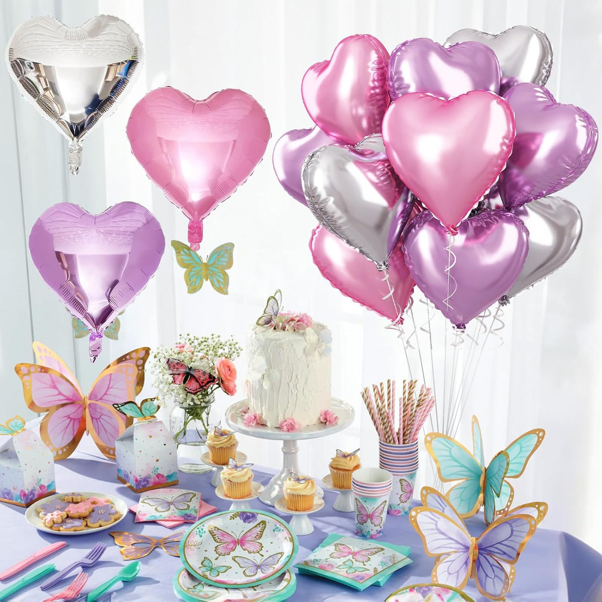 Pink Purple Foil Heart Balloons, 18 Inch 12Pcs Lavender Purple Pink and Silver Heart Shape Foil Balloons, Light Violet Purple Helium Balloon for Girls Women Birthday Wedding Valentines Butterfly Party