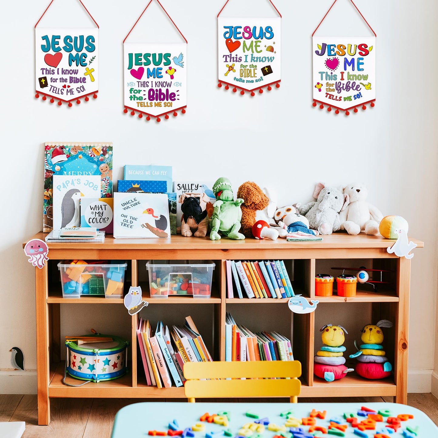 VitalCozy 24 Sets First Communion Banner Kit Sunday School Christian Crafts for Kids Color Your Own Religious Banners for Kids DIY Jesus Loves Me Banners, Sunday School Party Favor Game Activities