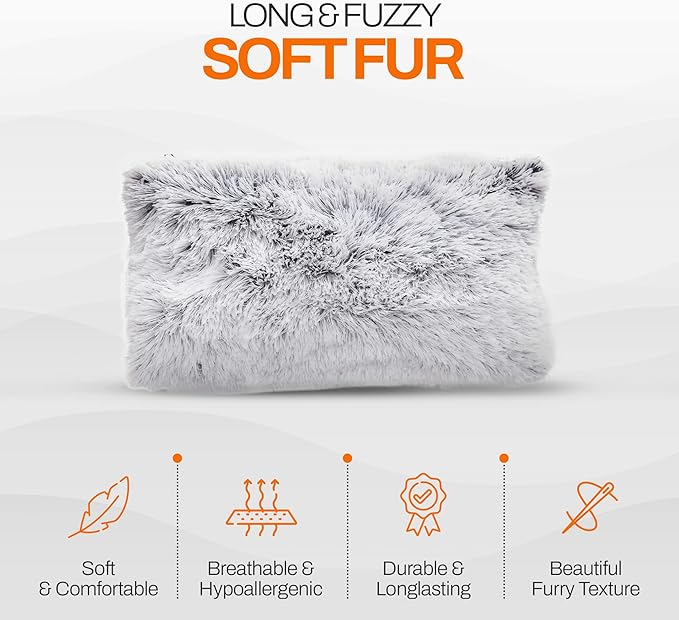 Cheer Collection Throw Pillows for Couch and Bed, Soft Shaggy Throw Pillows with Inserts Included, Cozy Long Hair Faux Fur Pillows - Set of 2-12" x 20" - Gray