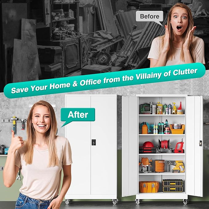 SISESOL 75" Tall Metal Storage Cabinet with Wheels,Rolling Garage Storage Cabinet with Lock,White Metal Cabinets with Wheels and Shelves,Tool Cabinets on Roller for Garage,Home,Office,Shop
