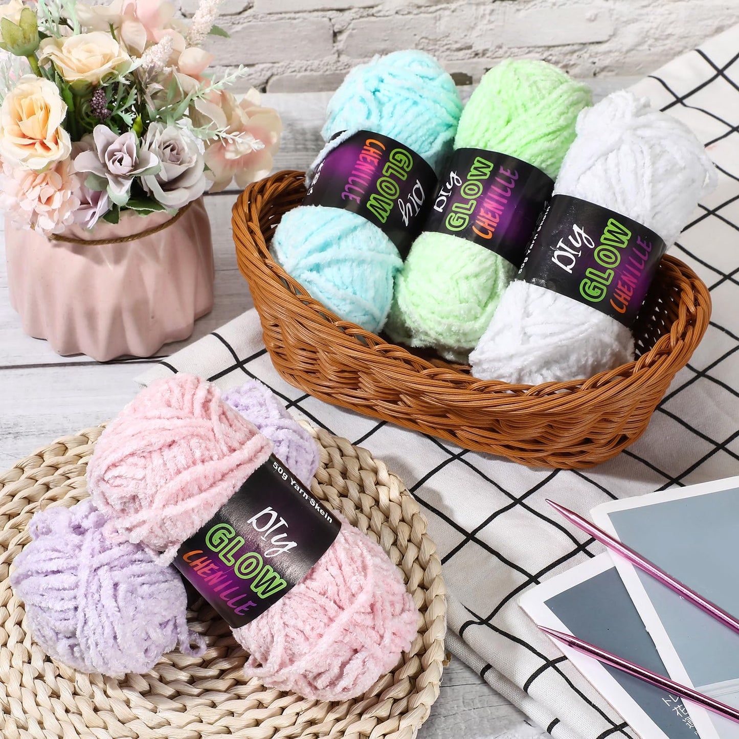 Fanfanwin 5 Rolls Glow in the Dark Yarn Fluffy Chenille Yarn for Crocheting & Knitting Glow Sewing Projects Fun Birthday DIY Gifts for Beginners Women 382 Yd/ 350 M Total(Fresh Colors)
