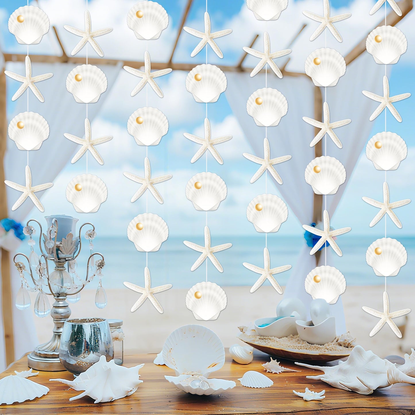 8pcs Beach Seashell Party Hanging Garlands Ocean Seashell Party Decorations Starfish Theme Room Wall Decor for Natural Beach Sea Baby Shower Supplies