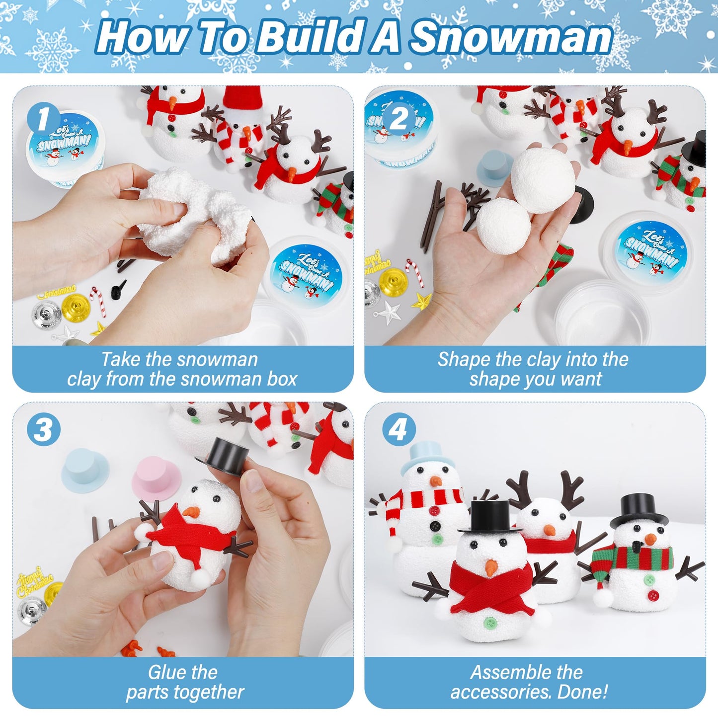 EOBOH 6 Pack Snowman Kit, Christmas Craft DIY for Kids, Build a Snowman Craft Winter Decorations Indoor, Creative Kids Air Dry Clay Modeling Crafts Kit for School Winter Party Activities