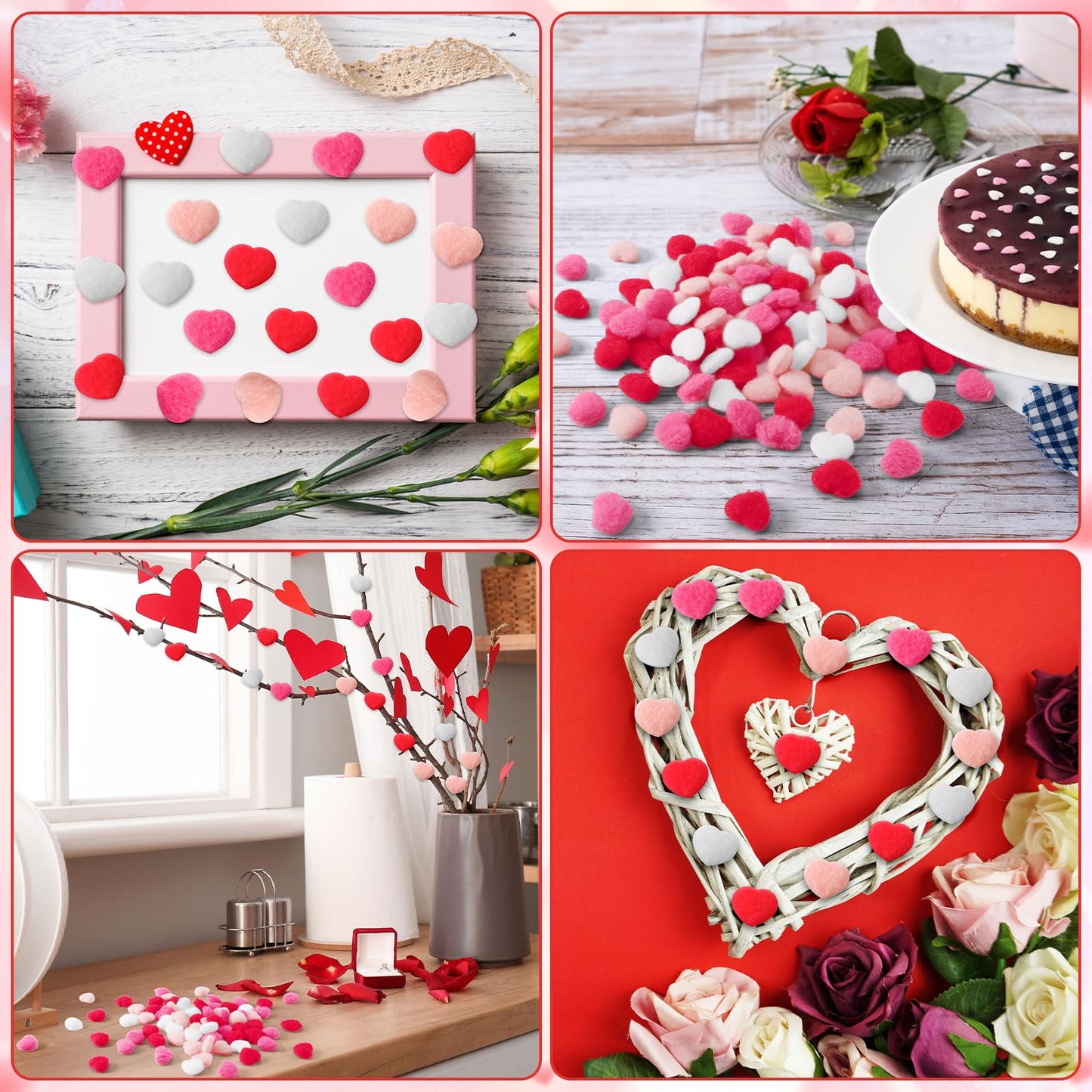 SEPGLITTER 300 Pcs Valentine's Day Heart Pom Poms, Pink Red Pompoms Mini Heart Shape Fluffy Balls for Valentine DIY Garland Crafts Wedding Party Decorations