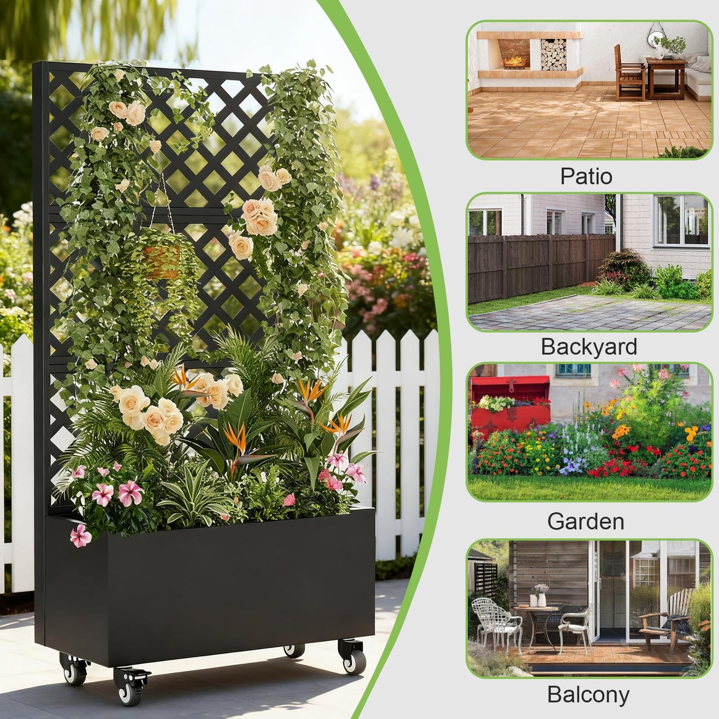 Luzfuego Metal Planter Box with Trellis, 72" Tall Outdoor Raised Garden Bed on Wheels, Flower Planter for Climbing Plants with Drainage Holes & Lockable Casters