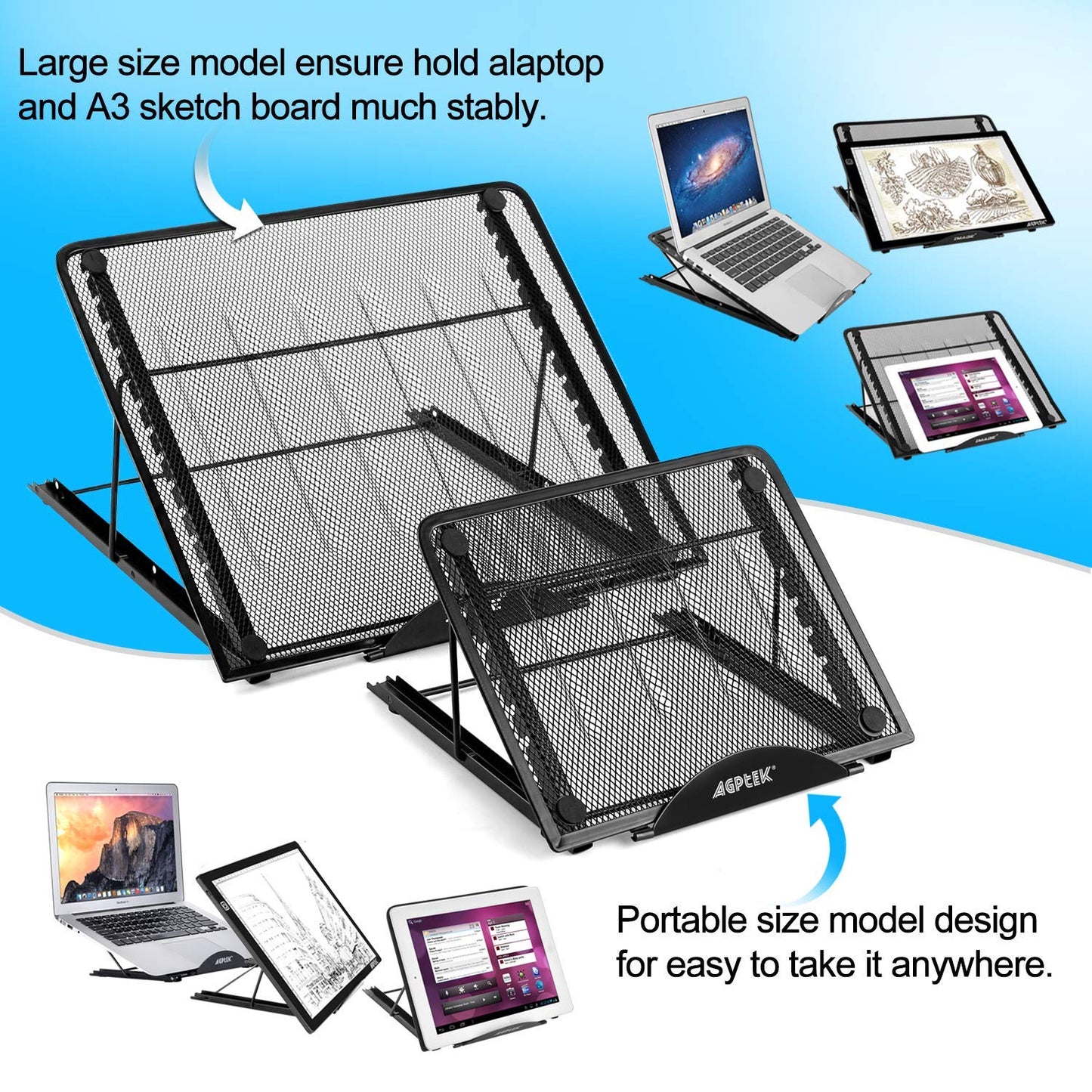 IMAGE Laptop Stand, A3 Large Version Foldable Portable Ventilated Desktop Laptop Stand Holder, Adjustable 12 Angle Points Stand, Compatible with 10" ~ 17" Notebooks, LED Light Box Pad