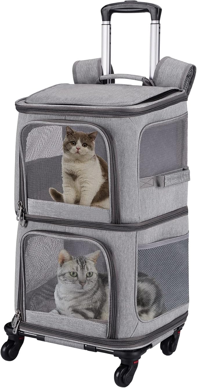 Double Pet Carrier Backpack with Wheels for Cats & Small Dogs, Black