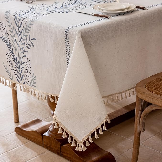 Joyfol Day Rustic Waterproof Linen Tablecloth, Heavy Weight Fern Embroidery Table Cloths for Rectangle Tables, Farmhouse Spill-Proof Table Covers with Tassels, Blue 55''x 70''