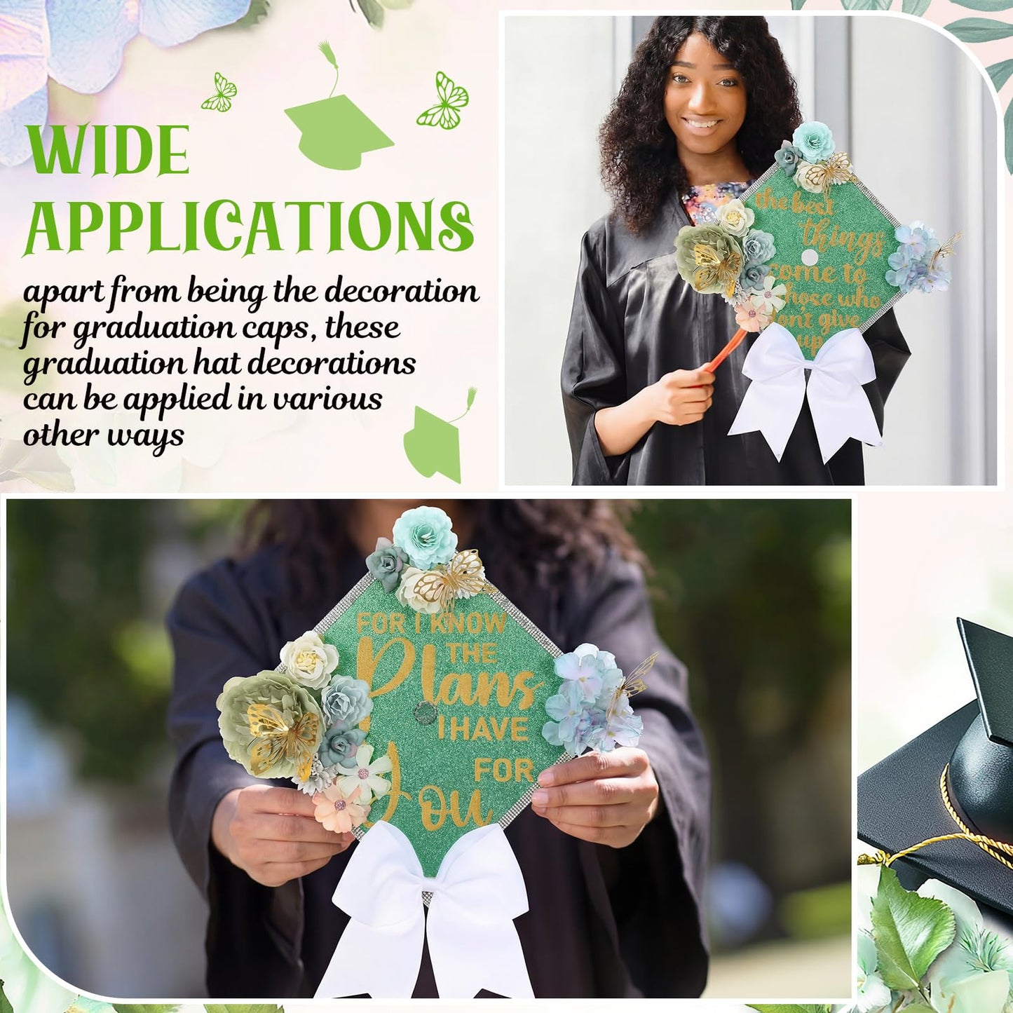 Gersoniel 42 Pcs DIY Graduation Cap Decorations Kit Include Faux Flower Heads Graduation Quote Glitter Sticker Bow 3D Butterfly Rhinestone Pearl Stickers for Grad Cap Topper Decor(Green)