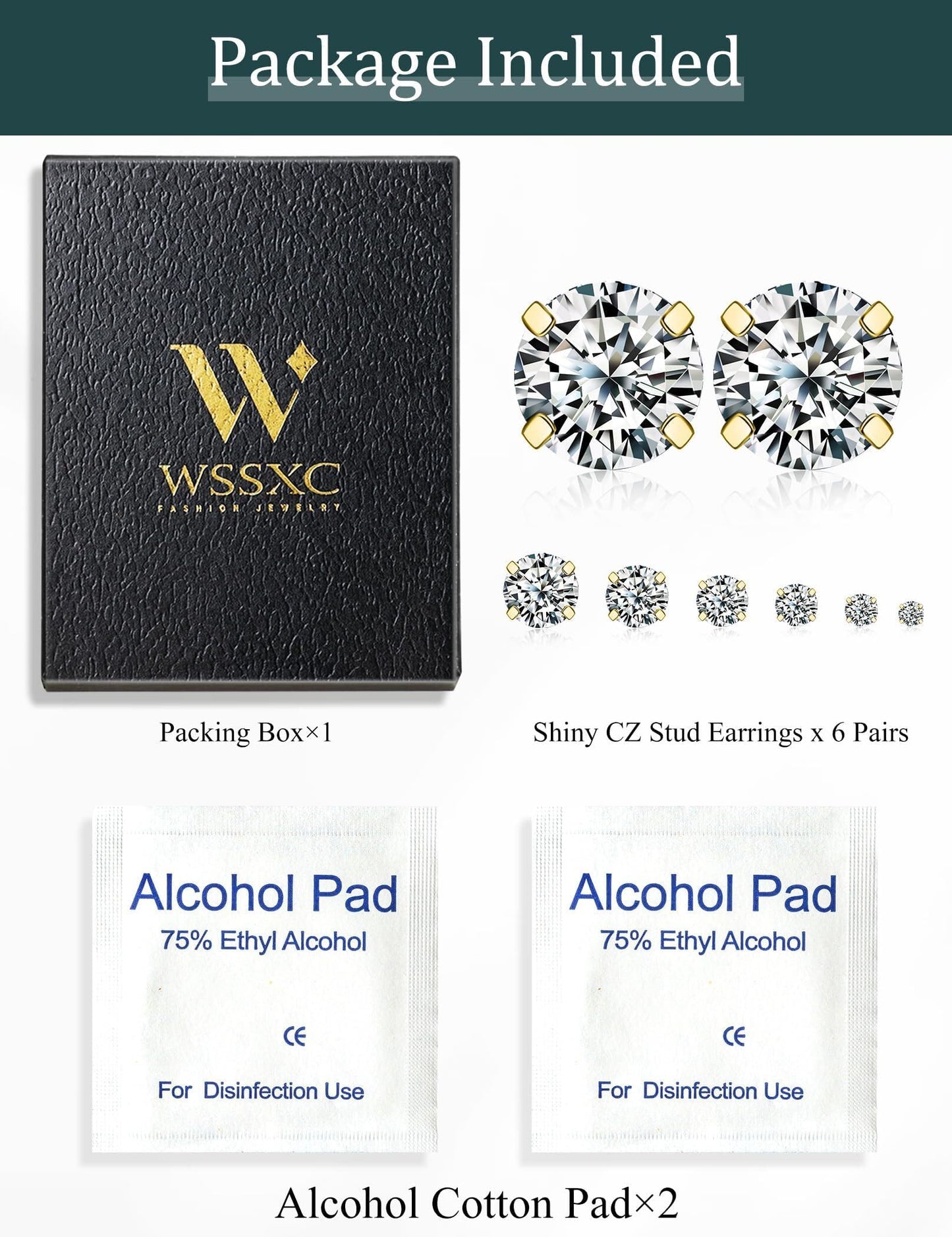 6 Pairs Stud Earrings Hypoallergenic Cubic Zirconia 316L Earrings Stainless Steel CZ Earrings Set 3-8mm (gold)