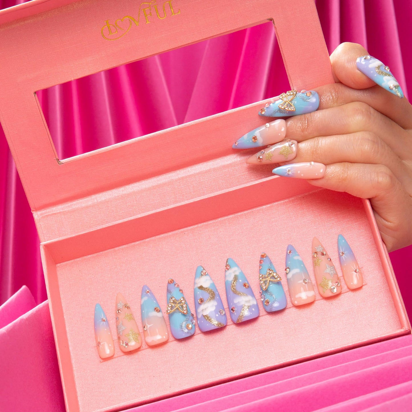 LOVFUL Press on Nails Dreamland | Handmade with Full Covered Crystals | Reusable Full Cover Nails | Stiletto Classic Regular 1.3 in | H350-M