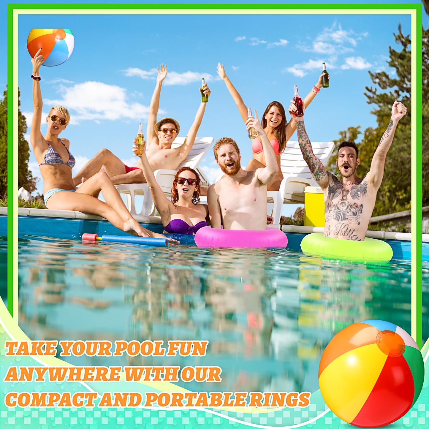 12 Sets Beach Floats, Including 6 Pcs 35 Inch Inflatable Pool Tube for Adults Swimming Rings 6 Pcs 12'' Beach Inflatable Balls for Vacation Decorations Summer Activity Party