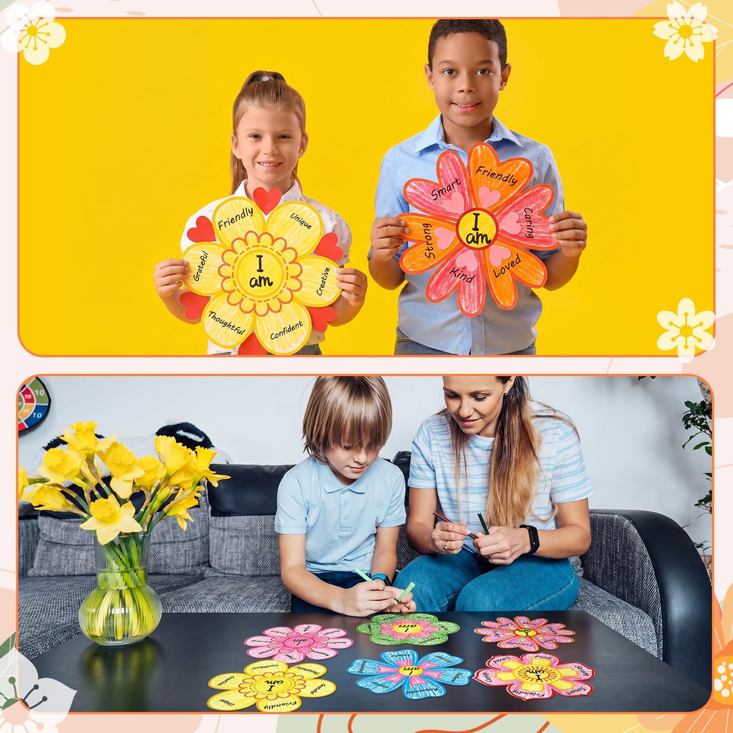 Motipuns 36 Pcs Affirmation Floral Craft 11 Inch Pre Cut Affirmation Floral Back to School Craft Kit for Positive Message Flower for Classroom Home Social Emotional Learning Activities