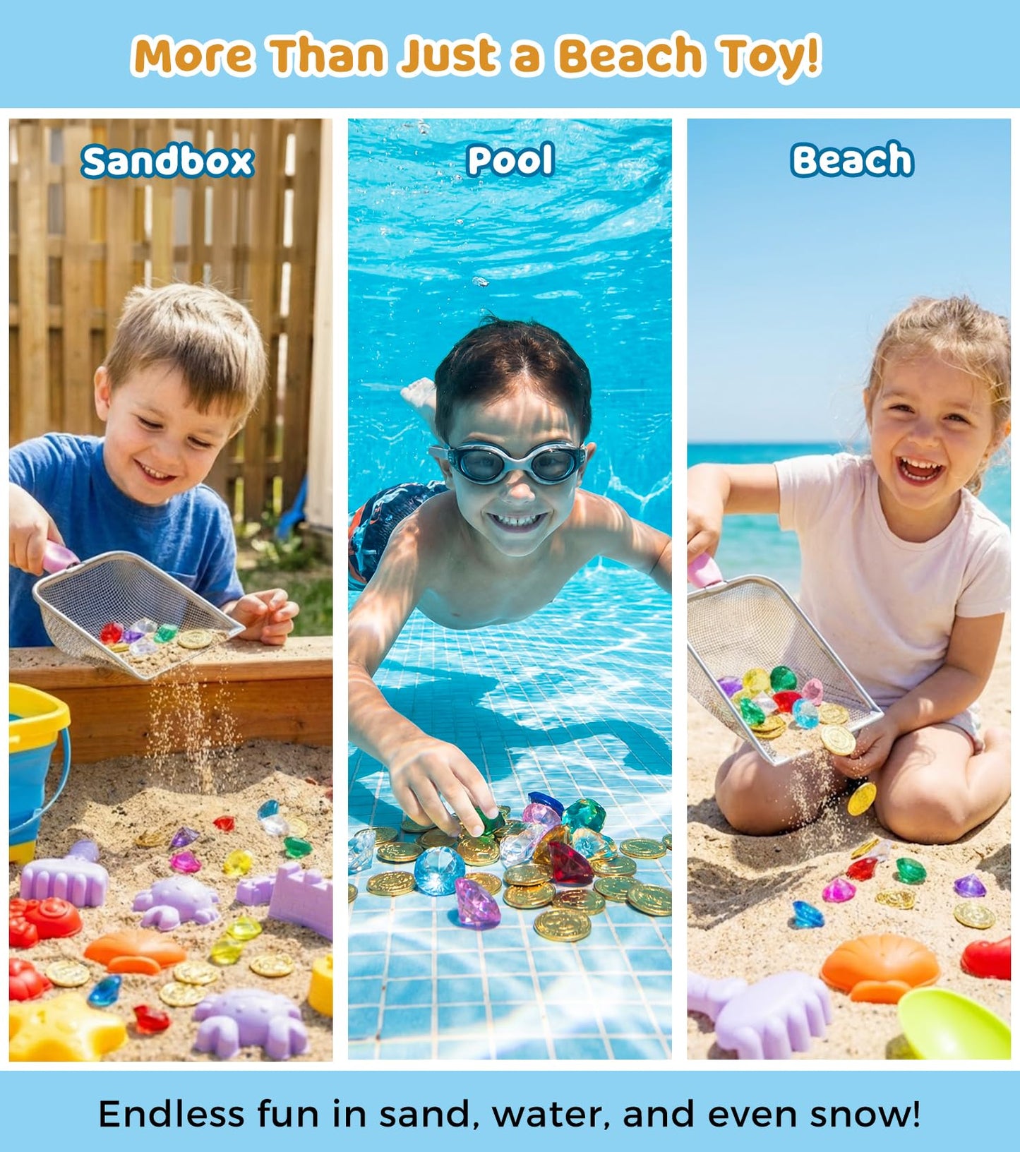 Eicaus 46 PCS Beach Sand Toys for Kids Toddlers, Collapsible Sand Buckets & Mesh Bag Set with Heavy Duty Metal Sifters, Treasure Hunt Gems, Castle Molds, Travel Sandbox Toys for Boys Girls