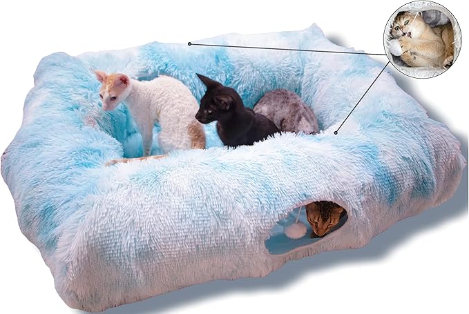 XxingSheep 4 Cave Shuttled XL Cat Tunnel Bed for Indoor Cats Peekaboo Toy Donut with Warm Mat, White