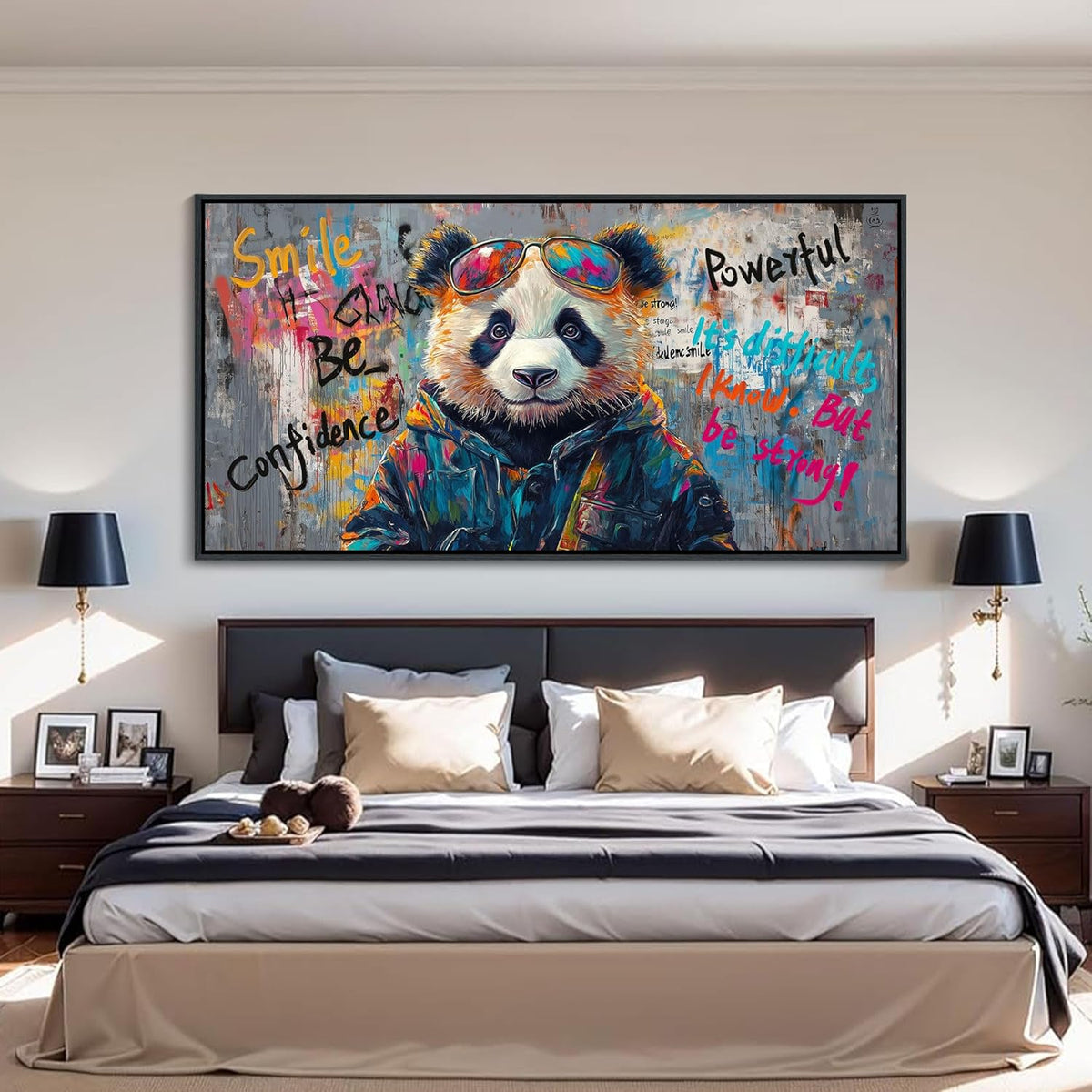 JEAWA Large Canvas Framed Wall Art, Panda Abstract Graffiti Street Art Pop Wall Picture Black and White Paintings Ready to Hang Living Room Bedroom Study Home Office Inspirational Decor 29x58 IN
