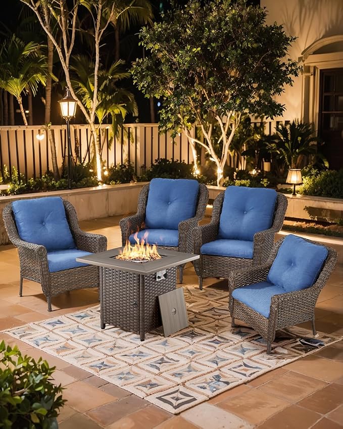 Outdoor Patio Chairs with Fire Pit Table 5 Piece Set - High Back Brown Wicker Rattan Lawn Chair with Thick Cushion for Porch Apartment Deck Yard Poolside Garden - Navy Blue