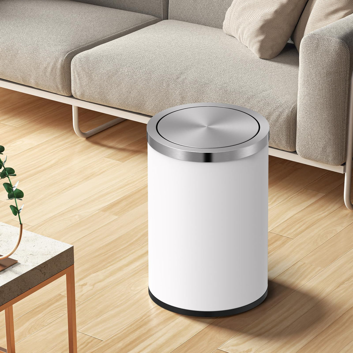 2.4 Gallons White Swing Lid Stainless Steel Trash Can