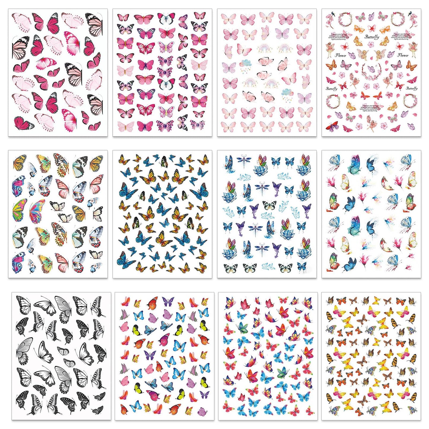 IDDFEVE 12 Sheets Butterflies Nail Art Stickers, Self-Adhesive 3D Butterflies Wings Nail Decals, Variety Color Glitter Design Nail Decorations