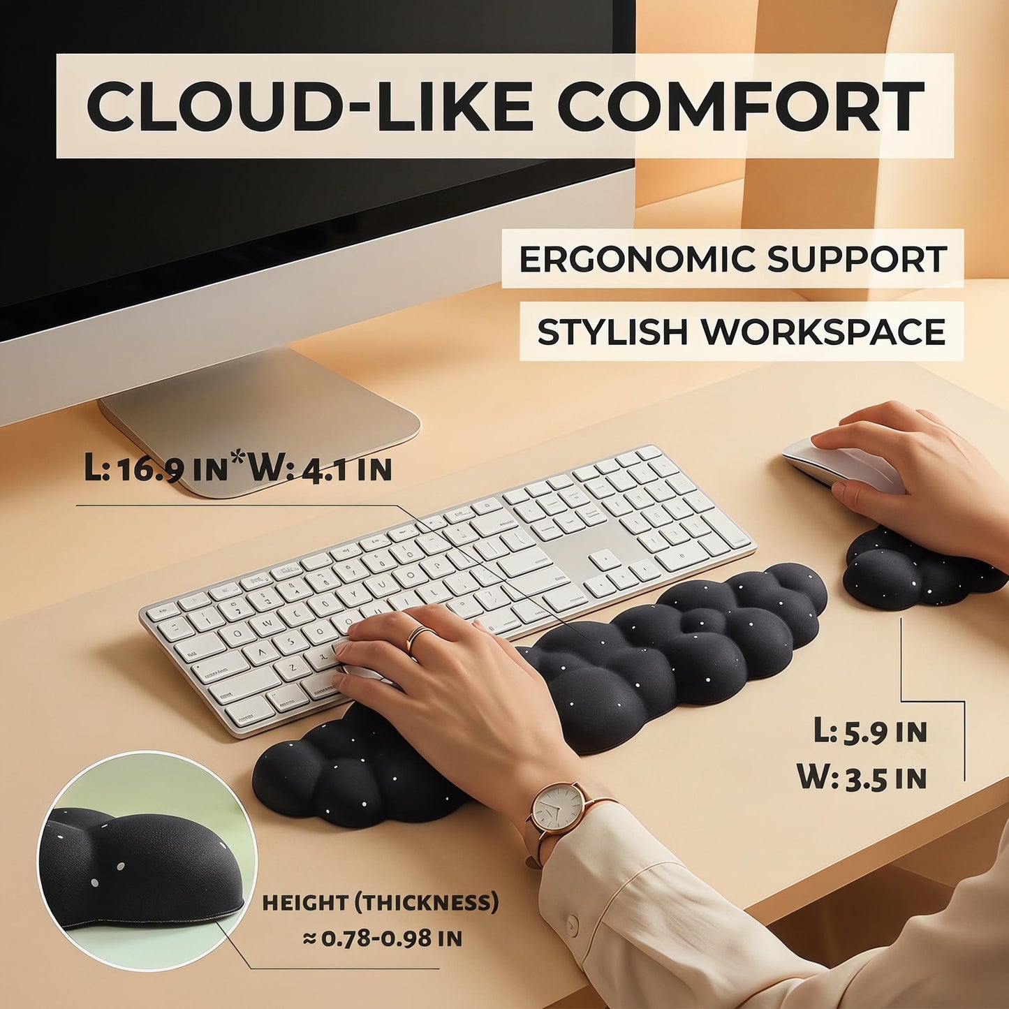 LJYZMD Cloud Wrist Rest Set for Keyboard and Mouse, Includes Cute Coaster, with Computers and Laptops (Black Star Set)