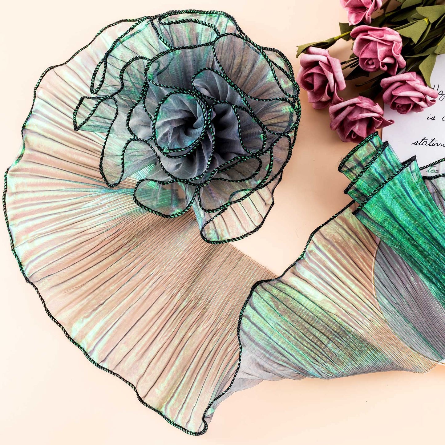 OIIKI Ruffle Pleated Organza Lace Trim, 5 Yards Green, Perfect for Craft Sewing, Wedding Decoration, and Costume Design