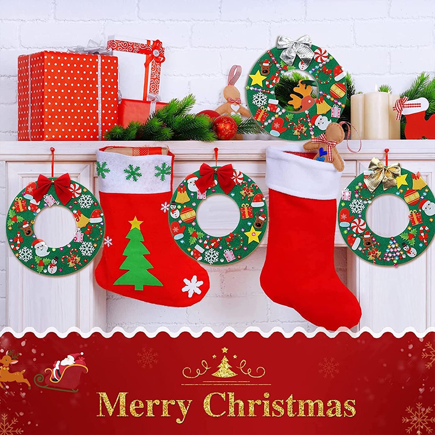 Tatuo 12 Pcs Felt Christmas Tree Wreath Decorating Craft Christmas DIY Ornaments Making Kit with 221 Self Adhesive Felt Stickers 12 Bows and 5 Gem Stickers (Wreath Style)