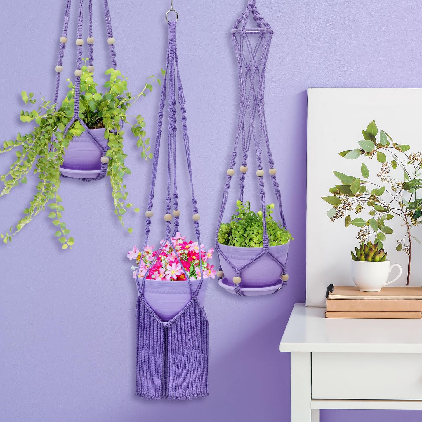 Hushee 3 Pack Crochet Macrame Plant Hanger Hanging Planters for Indoor Plants with Trays and Hooks Hanging Plant Holder Pot with Drainage Hole Boho Plant Hanger for Outdoor Flower Gardening Gift Decor