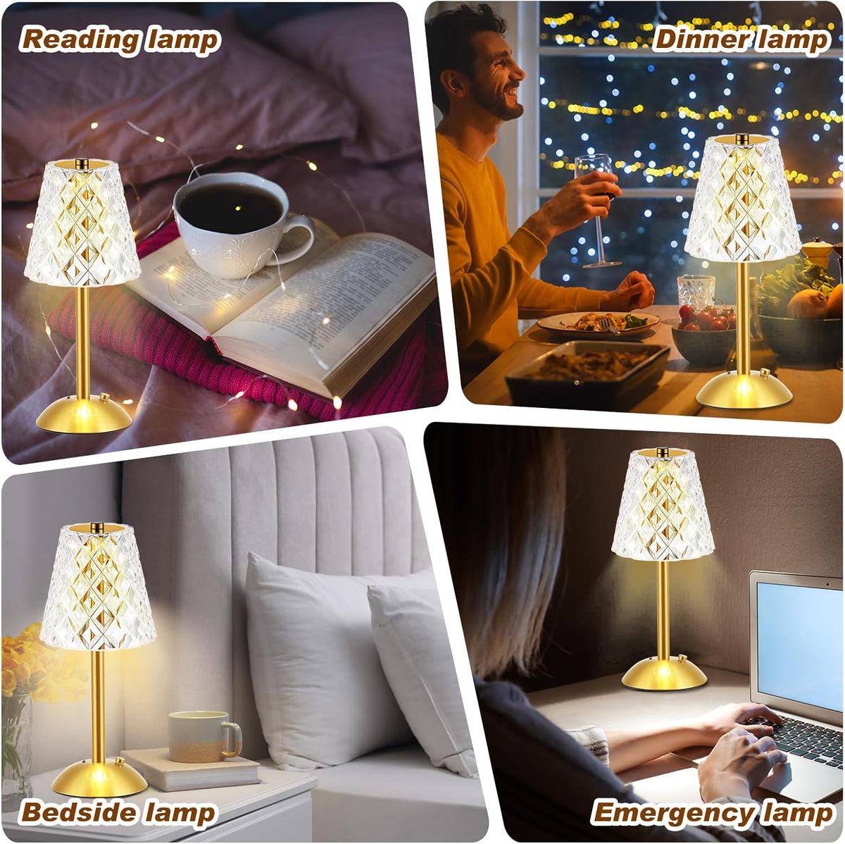 Liliful 2 Pcs LED Portable Cordless Table Lamp Touch Battery Operated Rechargeable Desk Lamp 3 Color Dimmable for Bedroom Living Room Dining (Diamond Style,Gold)