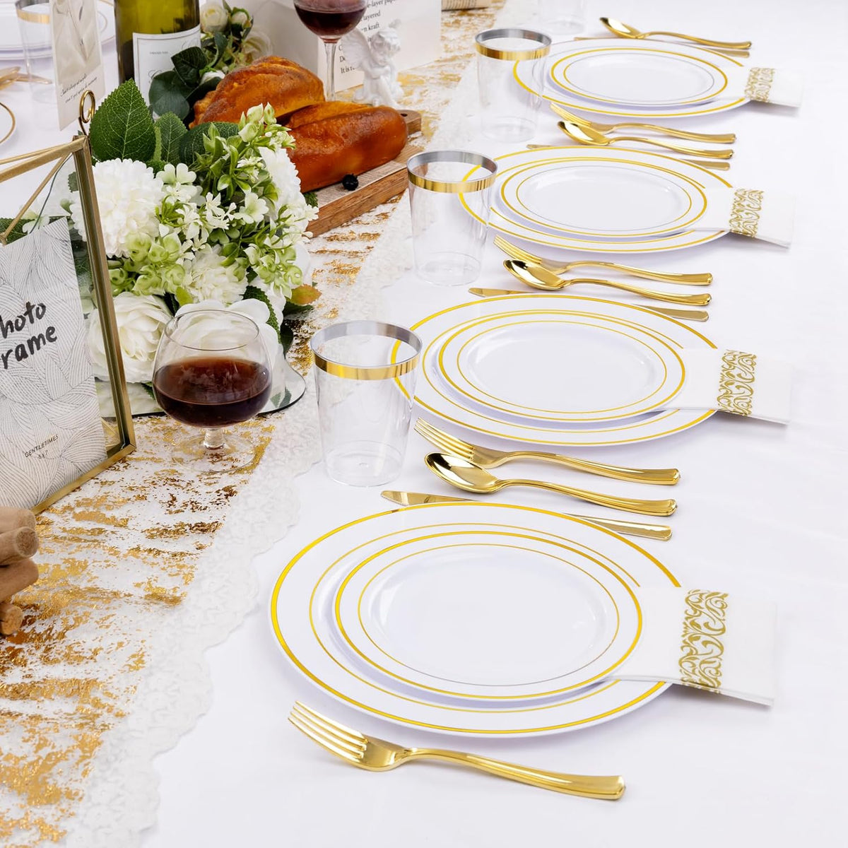 I00000 700Pcs Gold Dinnerware Set for 100 Guests, Plastic Plates for Party, Include: 100 Rim Dinner Plate, 100 Dessert Plate, 100 Paper Napkins, 100 Cups, 100 Gold Plastic Silverware Set