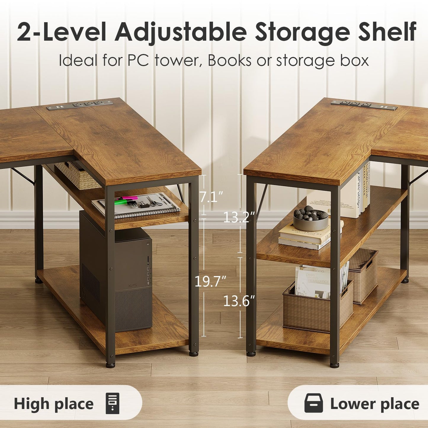 AODK 55 inch L Shaped Computer Desk with Drawers, Reversible Computer Desk with Storage Shelves, Home Office Desk with Built-in Power Outlet, Rustic Brown
