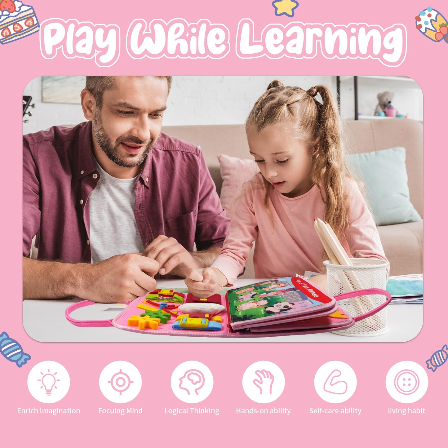 TenFans Montessori Busy Board for Toddlers 3-5 Years - Sensory Toys for Fine Motor Skills - Felt Travel Activity Board with Zipper