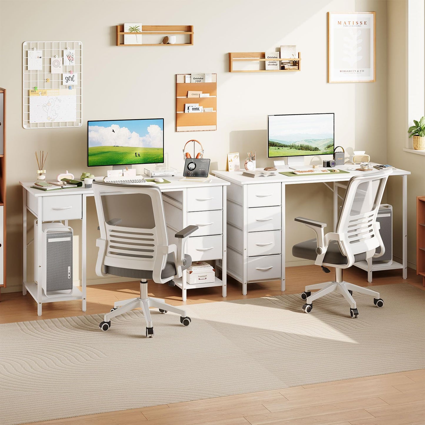 Grandder Computer Desk with 4 Drawers, 47 Inch Office Table with Storage, Gaming with CPU Shelves, Writing Desk Workstation for Home Office, Study, Bedroom, Work from Home, White