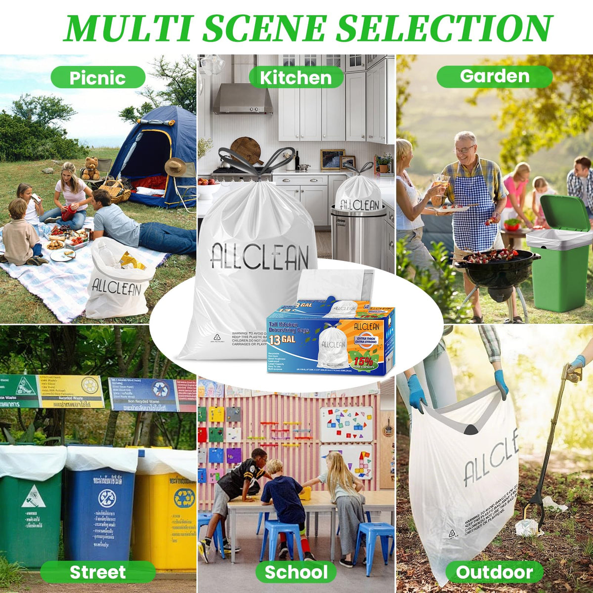 Trash Bags 15 Gallon Tall Kitchen Drawstring Garbage Bag