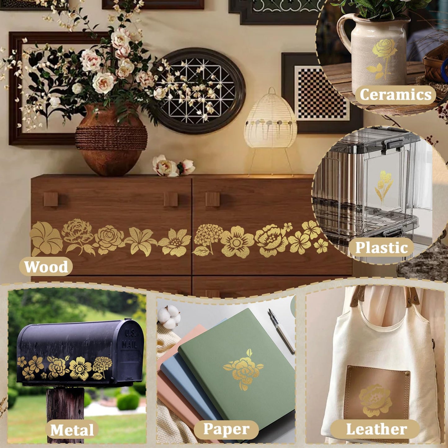 WANDIC 8 Sheets Gold Stamping Transfer Sticker Decal Furniture Flower Theme Rub on Transfers Stickers Decorative for Bookcase Postcard Scrapbooking,10 * 30cm