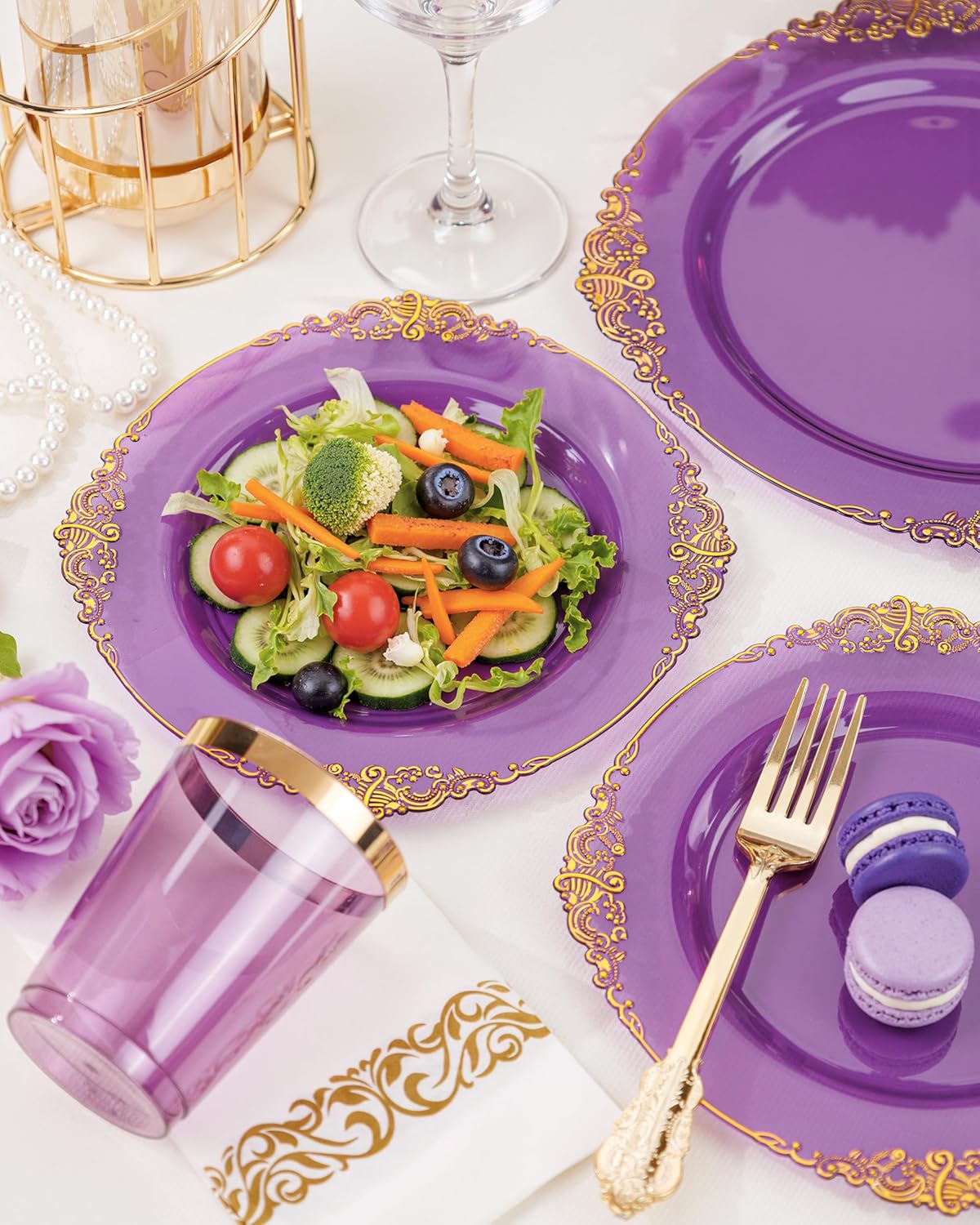 Nervure 350PCS Purple Plastic Plates - Purple Plastic Dinnerware Sets for 50 Guests - 100 Disposable Plates, 150 Gold Silverware, 50 Cups, 50 Napkins for Wedding & Party