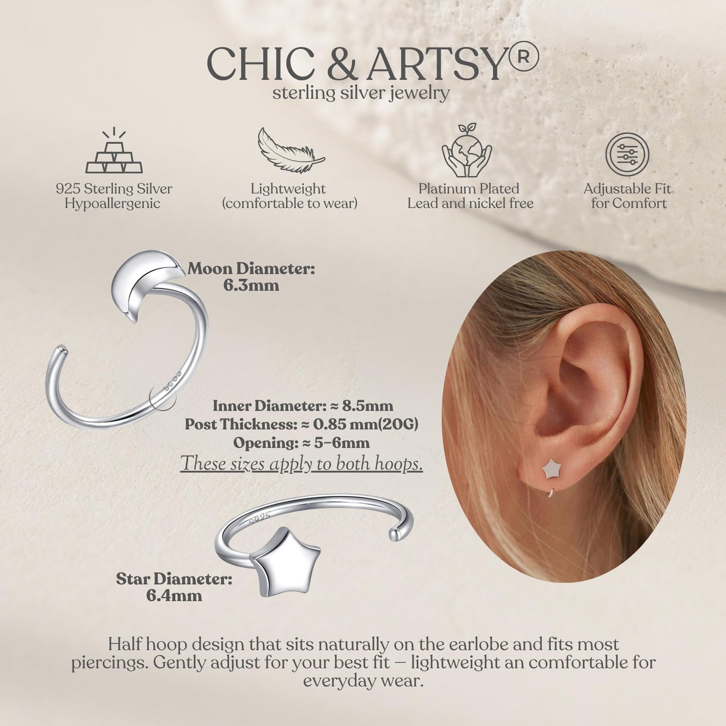 925 Sterling Silver Moon Star Hoop Earrings for Women Crescent Moon Hug Half Open Huggie Earrings Set 2 Pairs