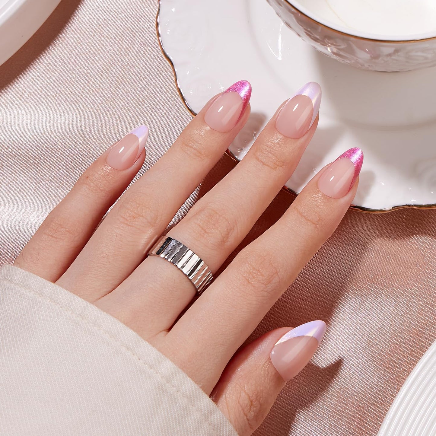 VSALON Almond Short Press on Nails, Hot Pink & White Chrome Finish Glossy French Tip Reusable Light Curable False Nails, 42 pcs Opaque Fake Nails Kit in 16 Sizes with Glue & Cuticle Oil