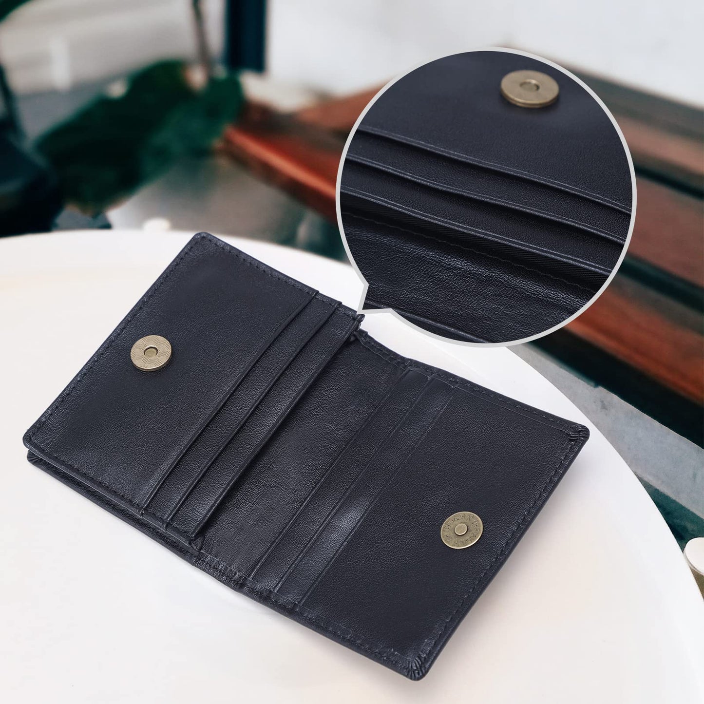 compalo RFID Blocking Front Pocket Minimalist Slim Leather Bifold Wallet Credit Card Case Holder ID Window