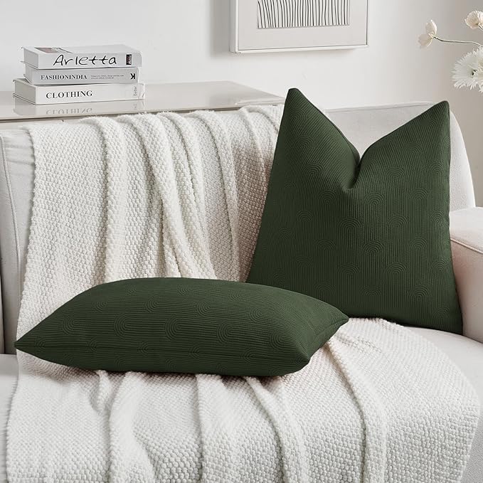 FUTEI Christmas Dark Green Chenille Decorative Throw Pillow Covers 24x24 Inch Set of 2,Soft Cozy Striped Geometric Patterns European Cushion Cases,Modern Home Decor for Couch Bed Living Room