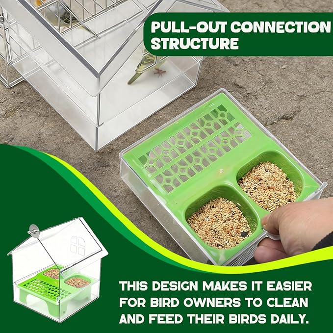 Pcmursal Pull-Out External Parrot Feeder, No Mess Bird Feeder, Decorative Transparent Bird Bath Tub with Two Food Slots, Easy to Fill Hold and Clean, Suitable for Parrot & Finch