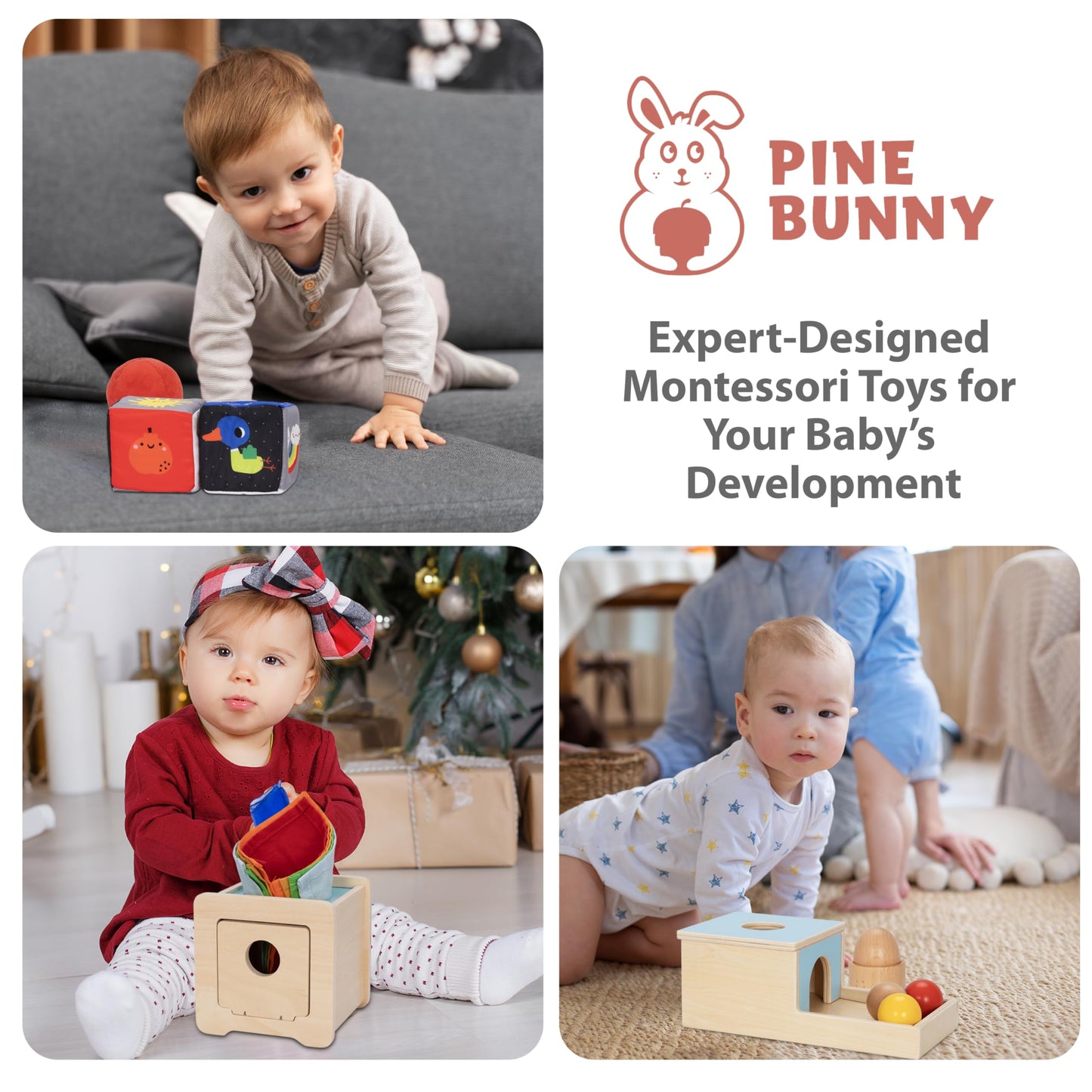 Pine Bunny Montessori Wooden 10-in-1 Toy Set for 7+ Months, Object Permanence Box, Egg and Cup, Tissue Box, Fabric Blocks, Scarf, Educational Learning Sensory Development Fine Motor Skills Baby Toys