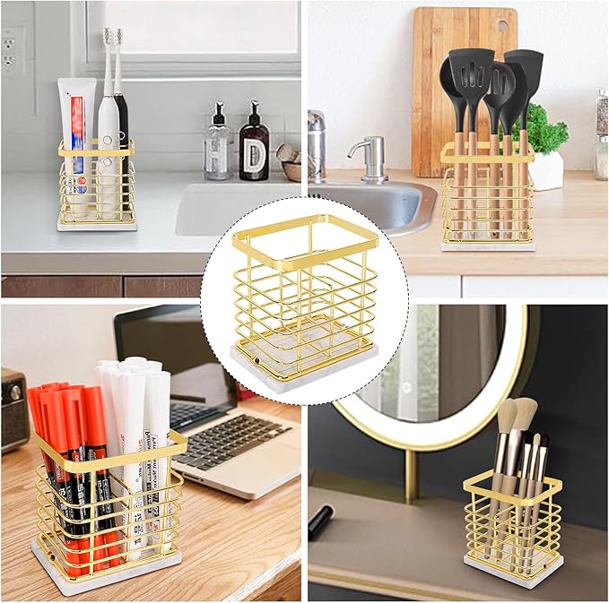 HarJue Toothbrush Holder, Luxurious Metal Toothbrush Toothpaste Holder with Marble Base for Bathroom, Multi-Slots Openwork Design, Bathroom Accessory for Storage and Organizer (Small, Gold)