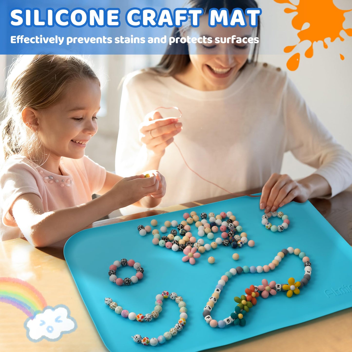 AtMini Silicone Craft Mats for Kids 24"x16"– with Raised Lip & Non-Slip | Reusable Silicone Art Mat for Play Sand, Painting, DIY Crafts | Durable Design (Blue)