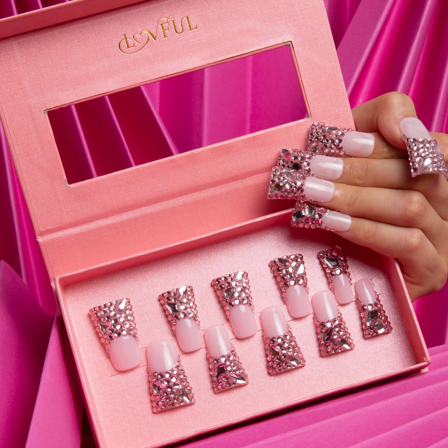 LOVFUL Press on Nails Pink French Tip Rhinestone | Handmade with Full Covered Crystals | Reusable Fake Nails | Duck Classic Regular 1.3 in | H27-M