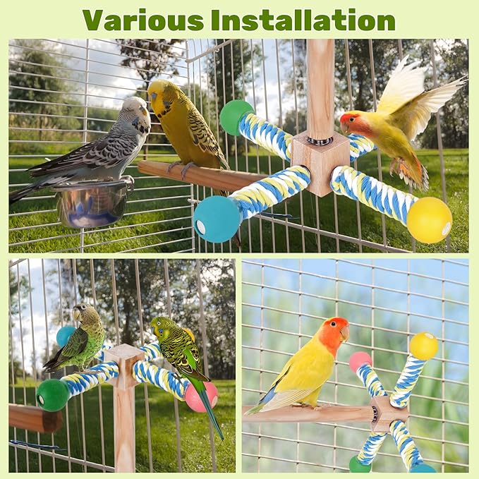 ZAULEY Bird Perch Toy, Parrot 360° Interactive Rotating Toy for Parakeets - Natural Wood & Cotton Rope, Detachable Interactive Bird Toy, Chewable Design Reduces Boredom Anxiety for Small Birds
