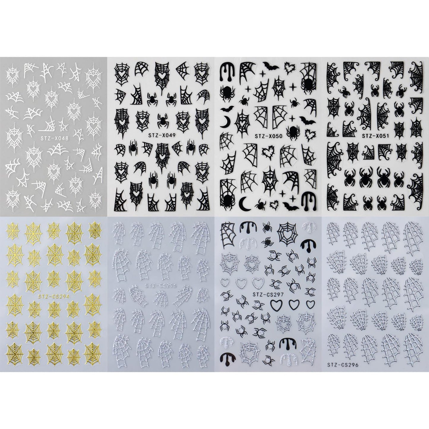 8 Sheets Halloween Nail Art Stickers Decals Spider Web Nail Stickers 3D Self-Adhesive White Black Gold and Silver Glitter Spider Web Designs Nail Decals Decorations for Women Halloween Nail Charms