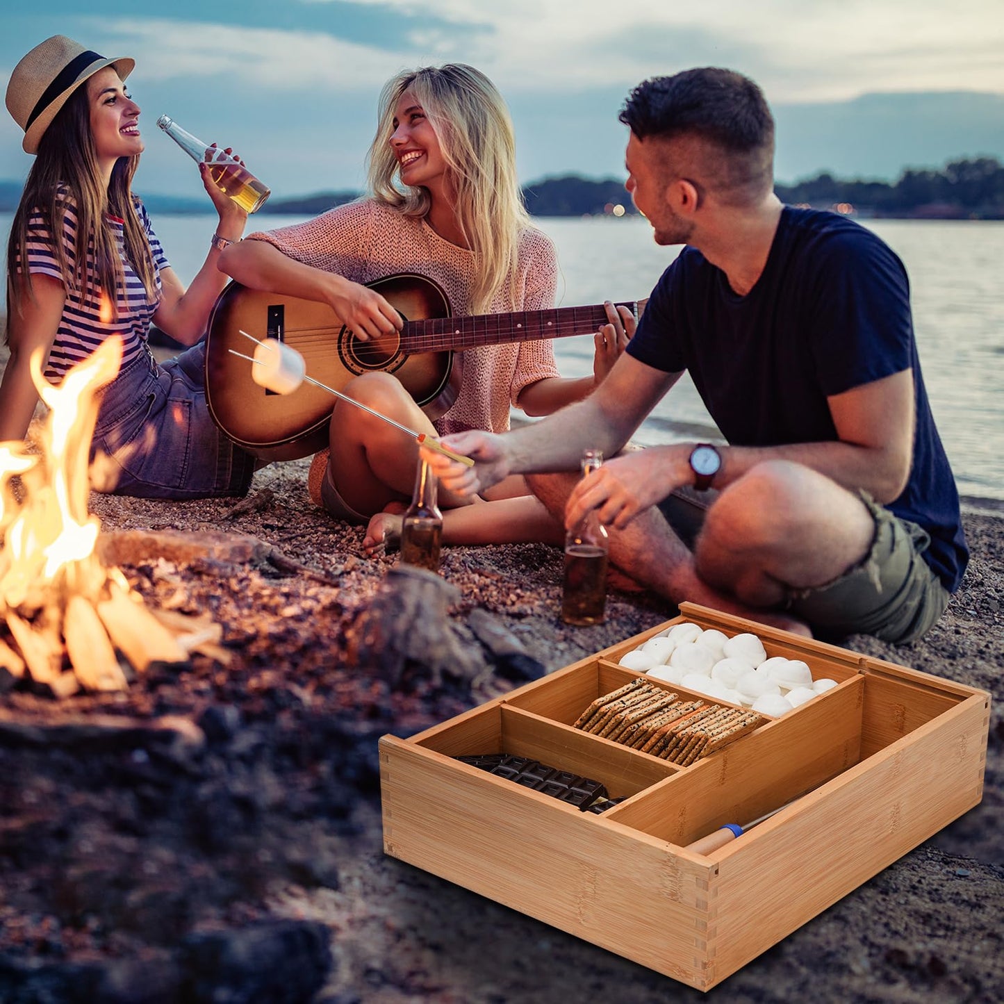 Smores Kits,Bamboo Smores Box with a Lid,Smores Caddy with 6Pcs Extendable Marshmallow Roasting Sticks,Exquisite Smores Kit for Fire Pit Outdoor - Perfect for Outdoor Parties, Entertaining, Camping