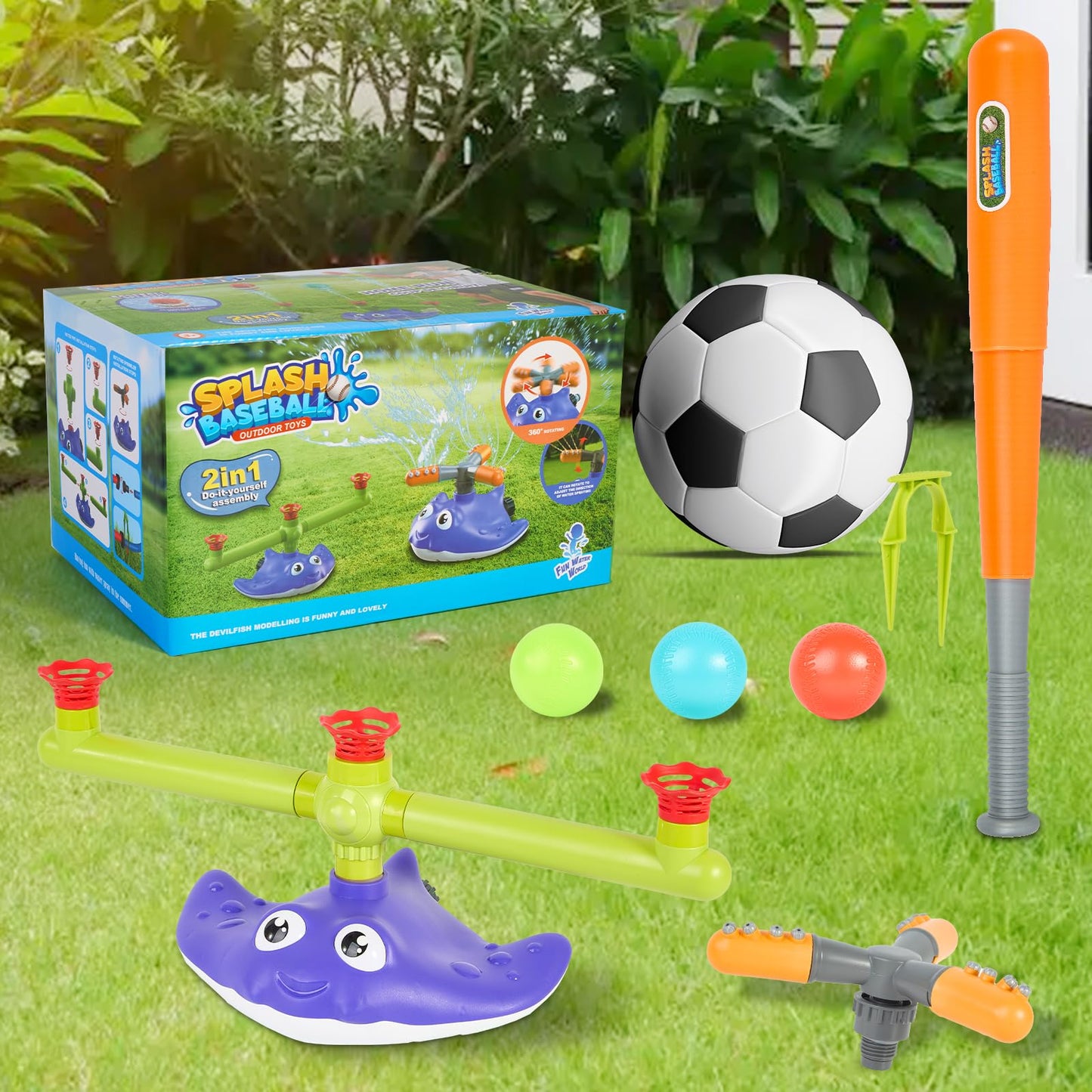 PWSOMJ 2-in-1 Water Sprinkler Baseball Toy Set for Kids, Summer Outdoor Water Game with 2 Sprinkler Heads, 360° Rotating Sprinkler for Backyard Summer Fun