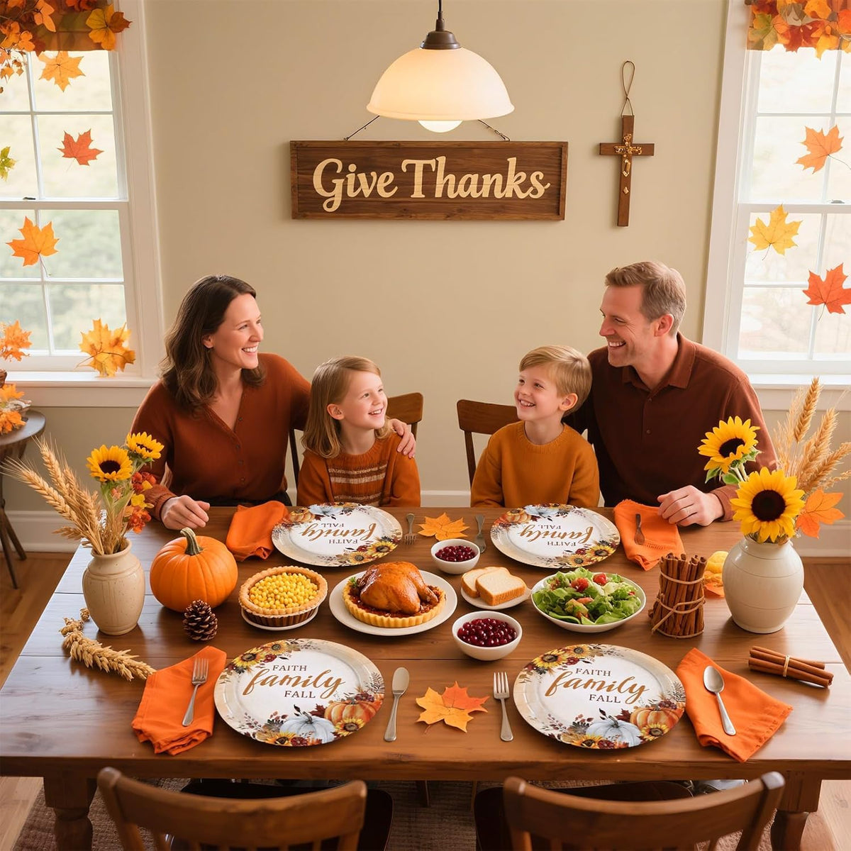 Grencian 50Pcs Fall Faith Family Party Plates 9in Disposable Heavy Duty Fall Pumpkin Sunflower Desert Paper Plates for Autumn Thanksgiving Harvest Reunion Party Decorations Serve 50
